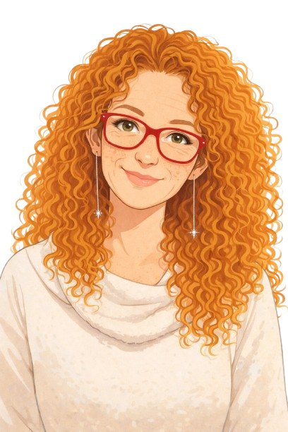 Illustration of a woman with long, curly red hair, wearing red glasses, silver star-shaped earrings, and a cream-colored sweater.