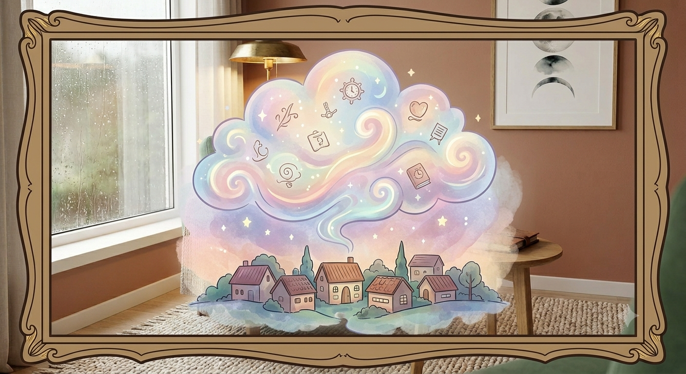 A colorful illustrated cloud with various icons, hovering above a small neighborhood of houses, inside a room with a window, a side table, and a piece of wall art.