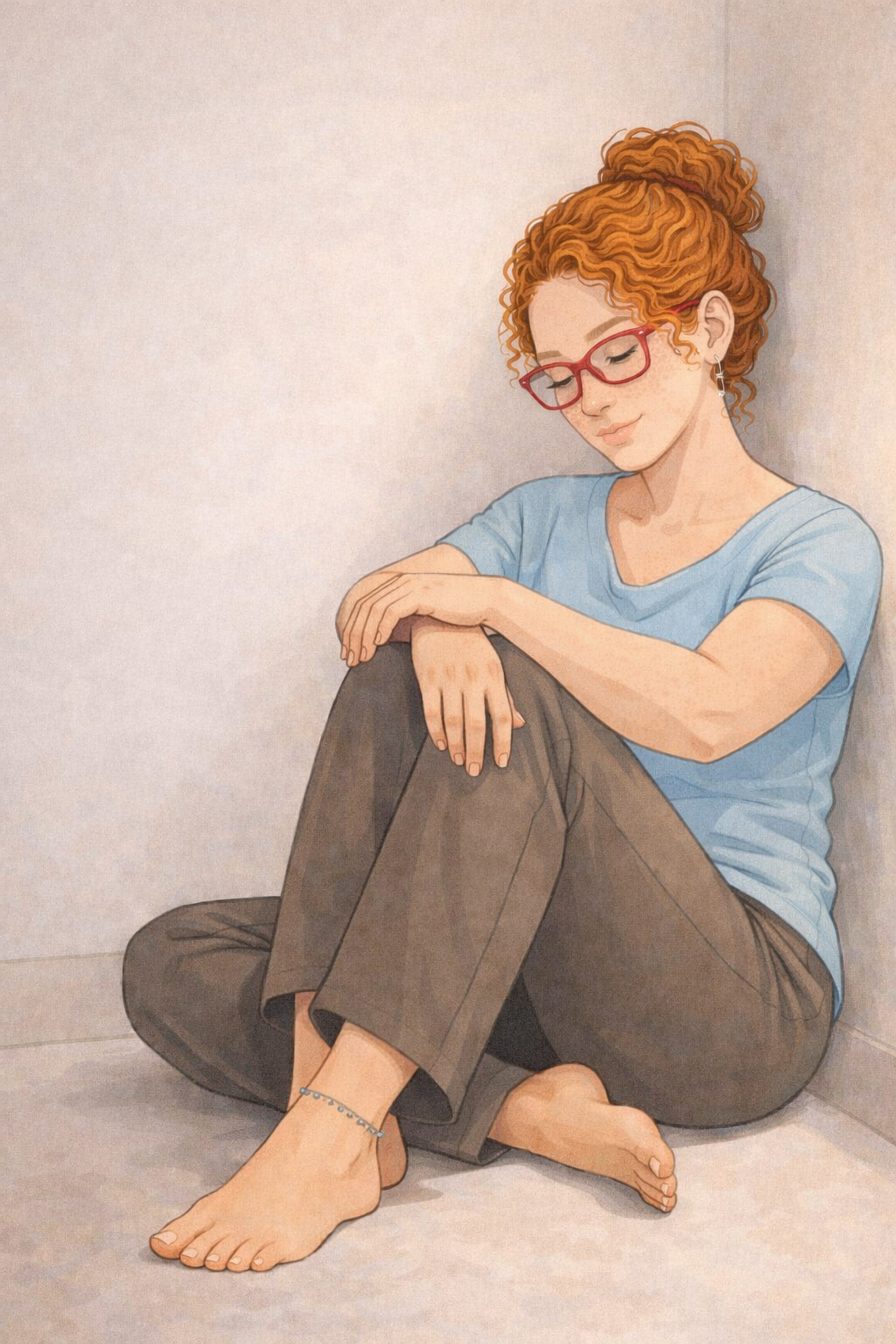 A digital illustration of a young woman with curly red hair sitting on the floor, leaning against a wall. She is wearing glasses, a light blue shirt, brown pants, an ankle bracelet, and has her eyes closed with a peaceful expression.