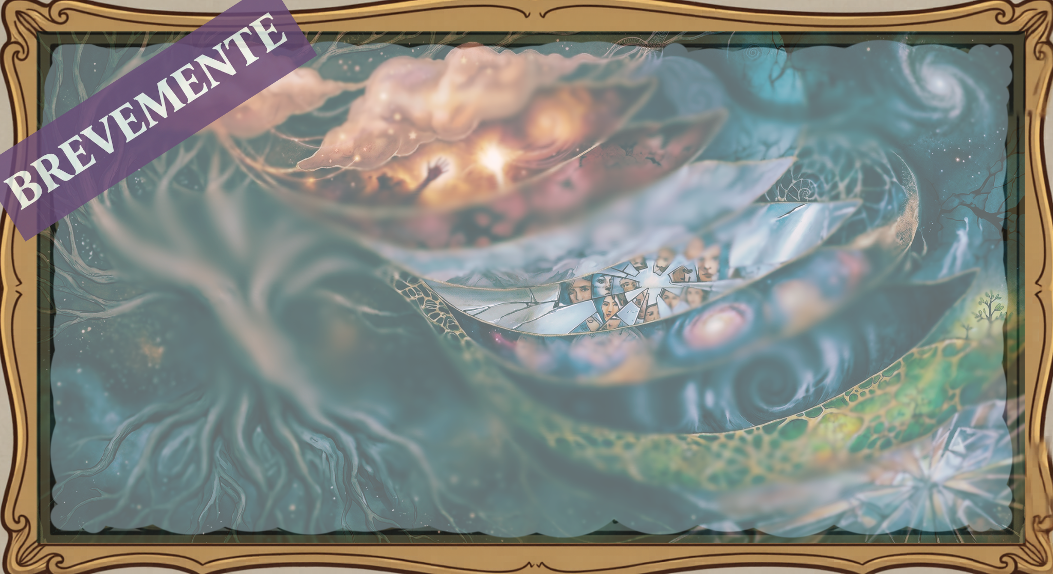 A framed illustration of a cosmic scene with swirling galaxies, clouds, and a bright central light, below which is a shattered mirror reflecting multiple faces.