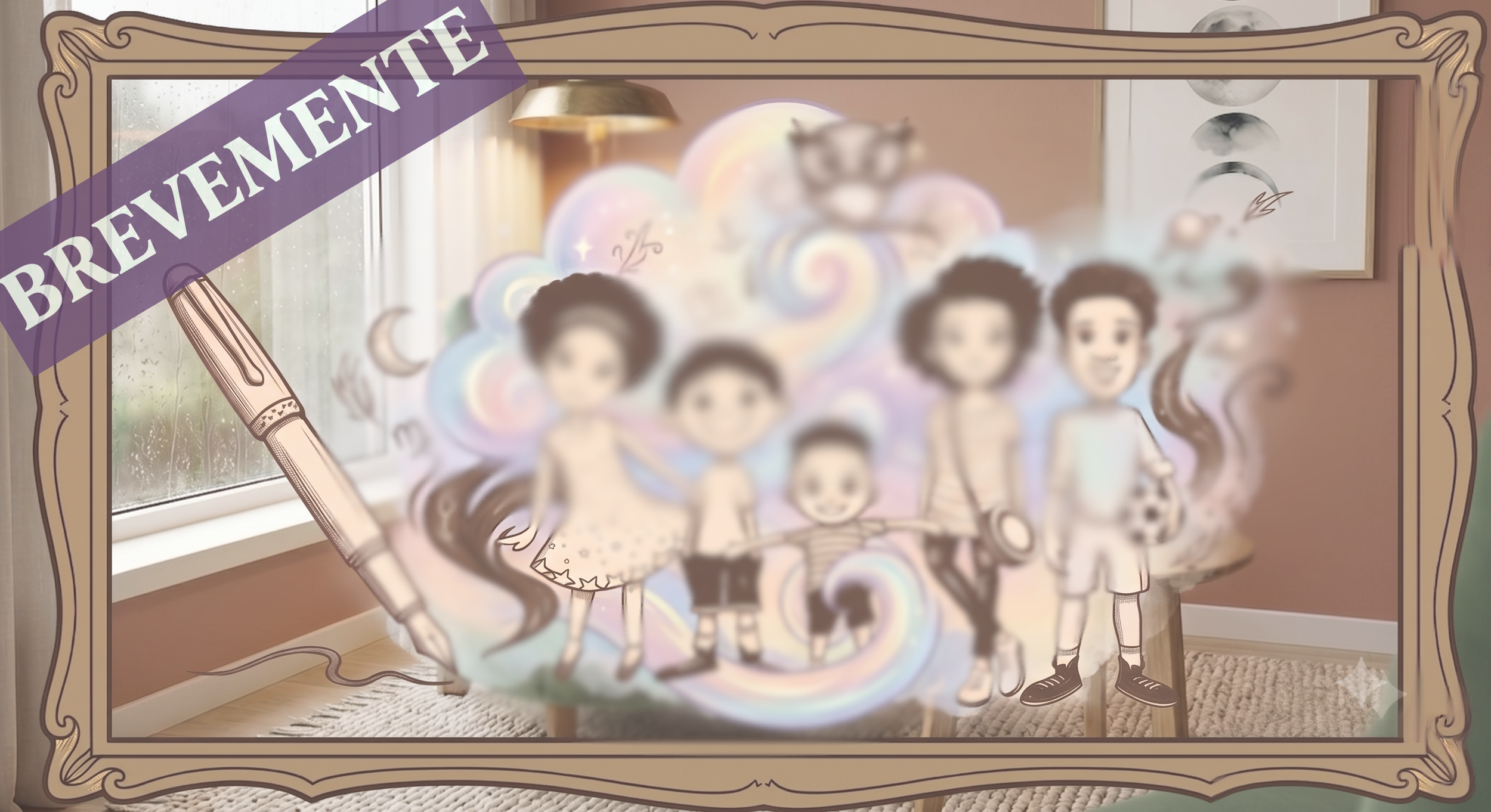 A colorful cardboard standee featuring cartoon characters of children in various poses with a whimsical, rainbow-like background, decorated with moons and stars. The standee has a purple banner labeled "BREMMENTE" and is placed indoors near a window.