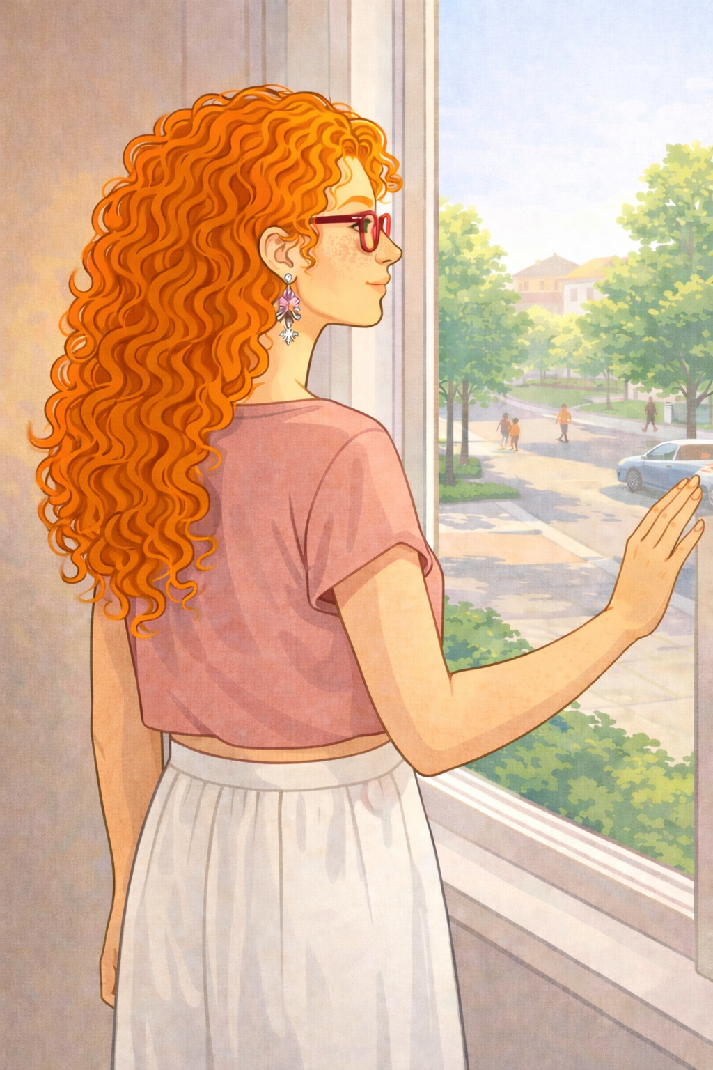 A young woman with curly red hair, glasses, and floral earrings gazes out a window during daytime. She wears a pink top and a white skirt, with her hand resting on the window.