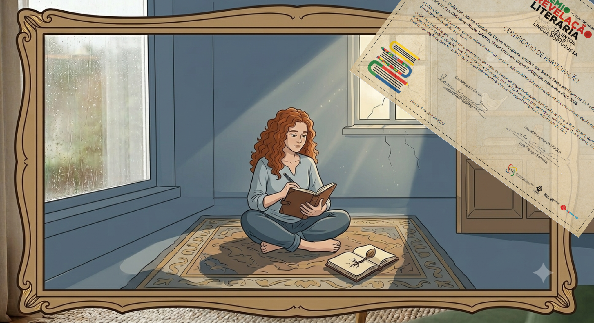 An illustration of a woman with curly brown hair sitting cross-legged on a rug, reading a notebook inside a cozy room with a large window and blue walls, with rain outside. There is an open book on the floor nearby and a framed mirror or picture nearby.