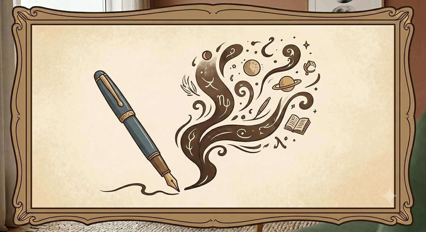 A decorative illustration of a fountain pen creating swirling smoke, which transforms into various space-themed symbols like planets, moons, stars, an open book, and mathematical symbols.