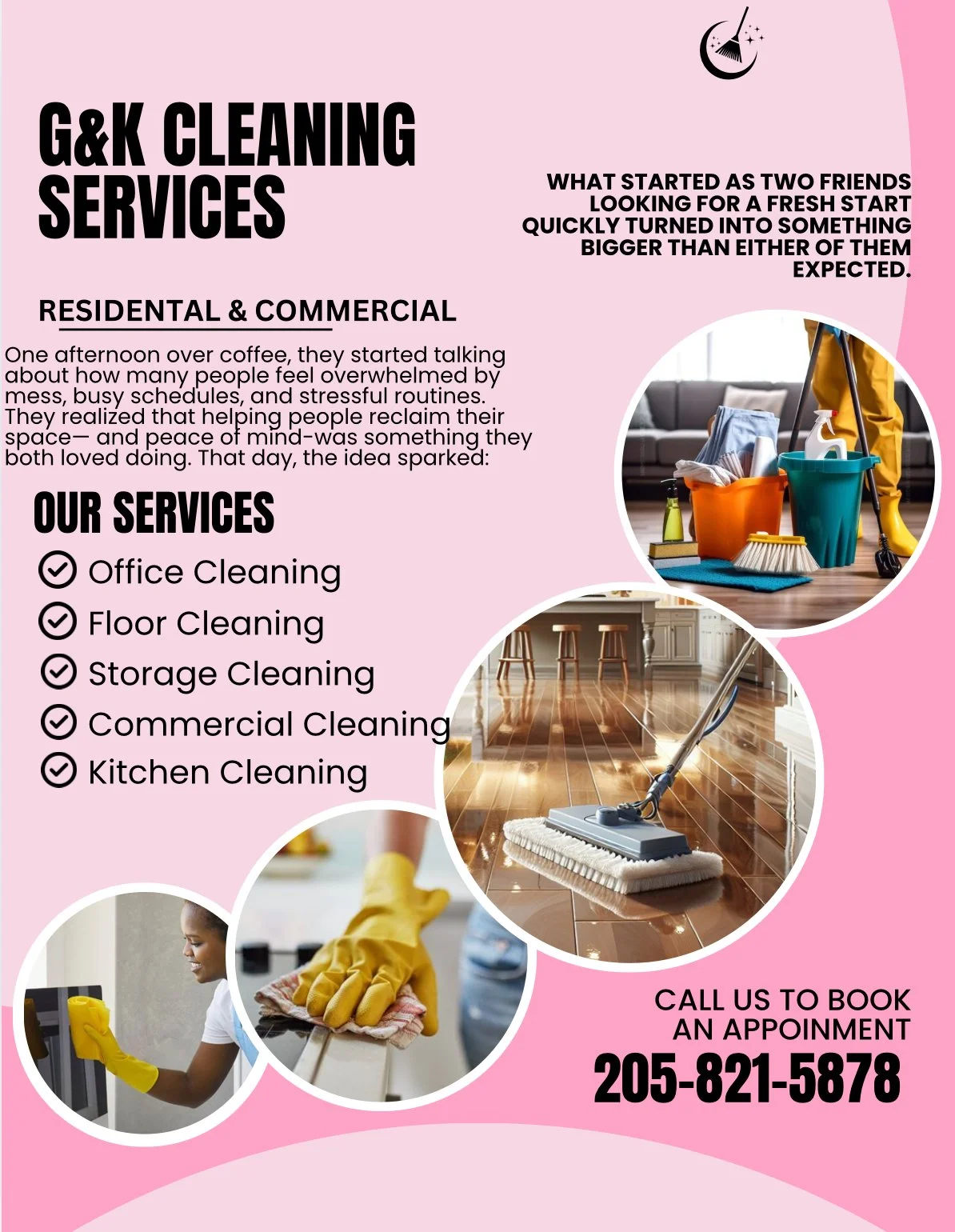 Flyer for G&K Cleaning Services with images of cleaning supplies, a person mopping a wooden floor, and a person cleaning a window. Includes list of services and contact number.