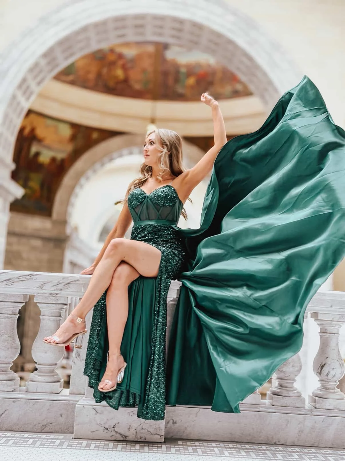 airbrushed woman in green dress