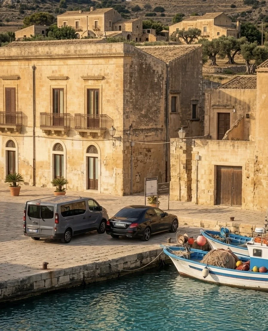 Veduta di un porto con barche ormeggiate, parcheggi con due auto, edifici storici in pietra, piante in vaso e alcuni ulivi sullo sfondo.