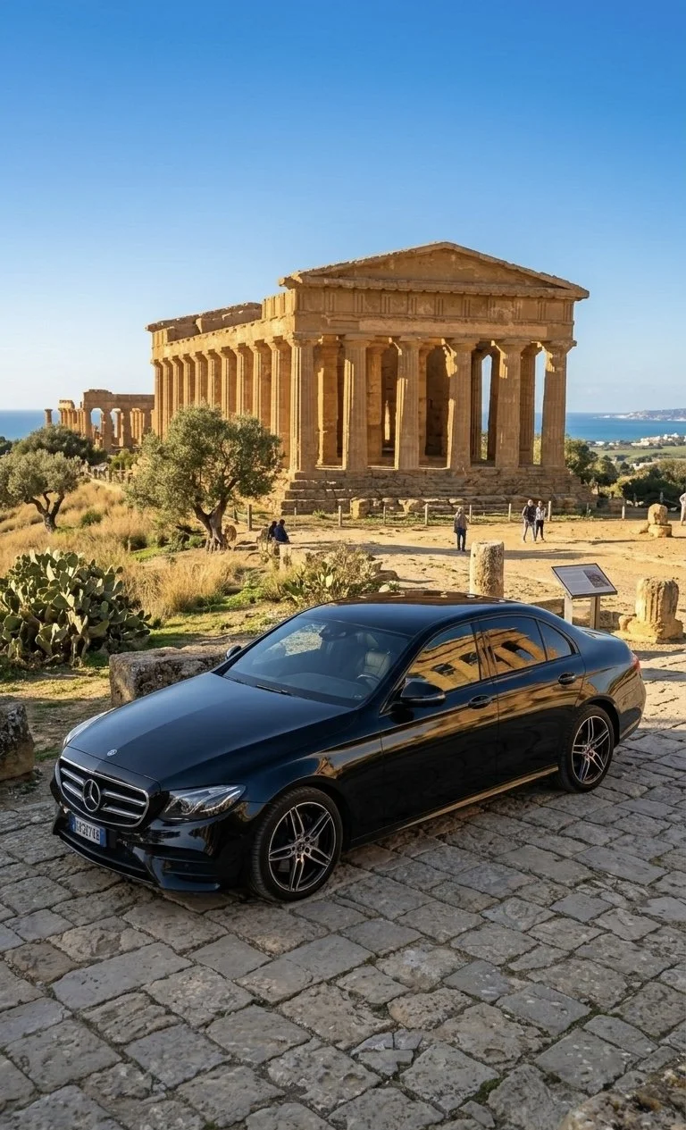 Un'auto Mercedes nera parcheggiata su una strada di pietra con un sito archeologico di un tempio antico in stile greco e un paesaggio di mare sullo sfondo.