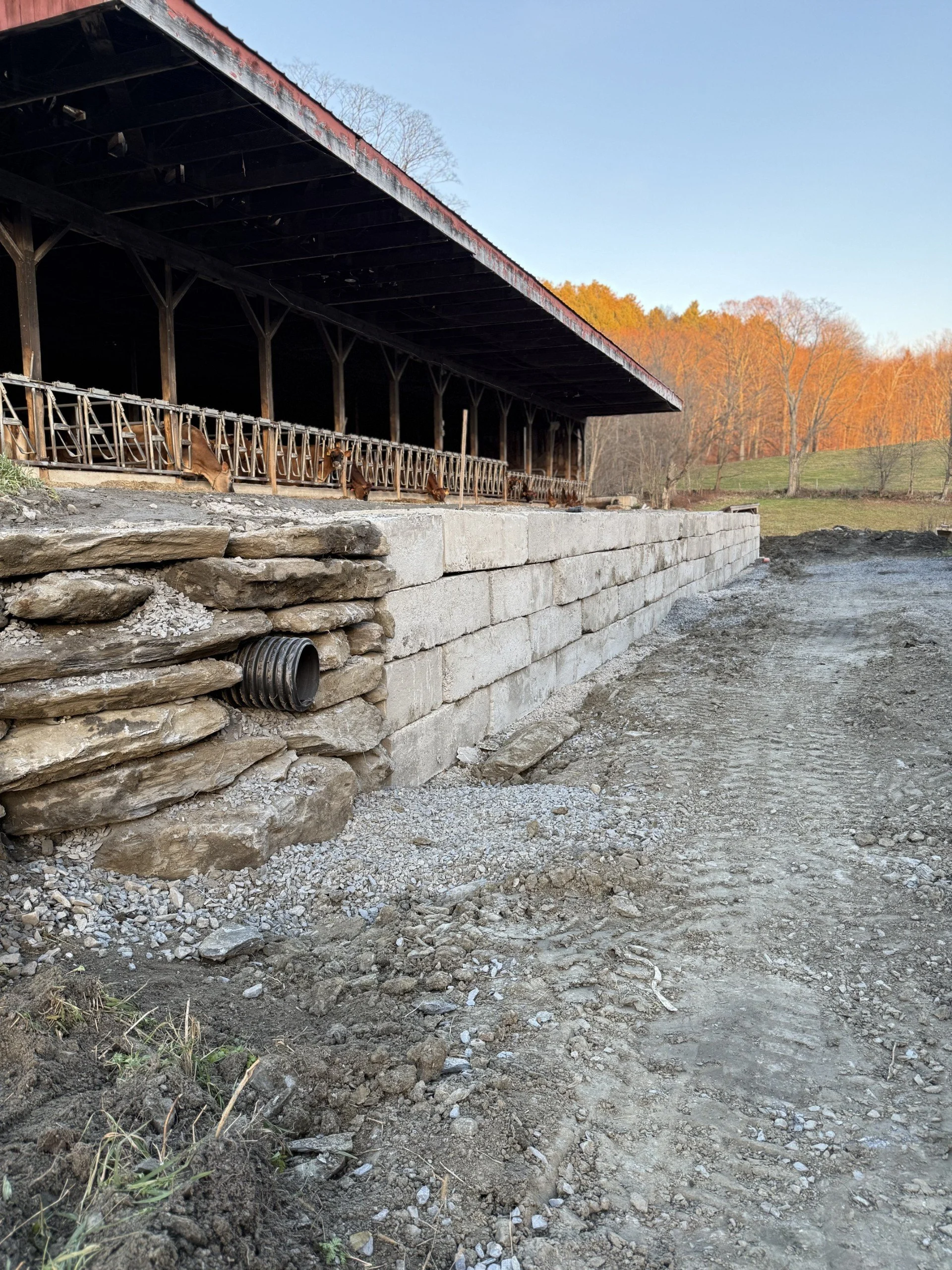 A retaining wall constructed at dairy farm in Randolph Center, VT