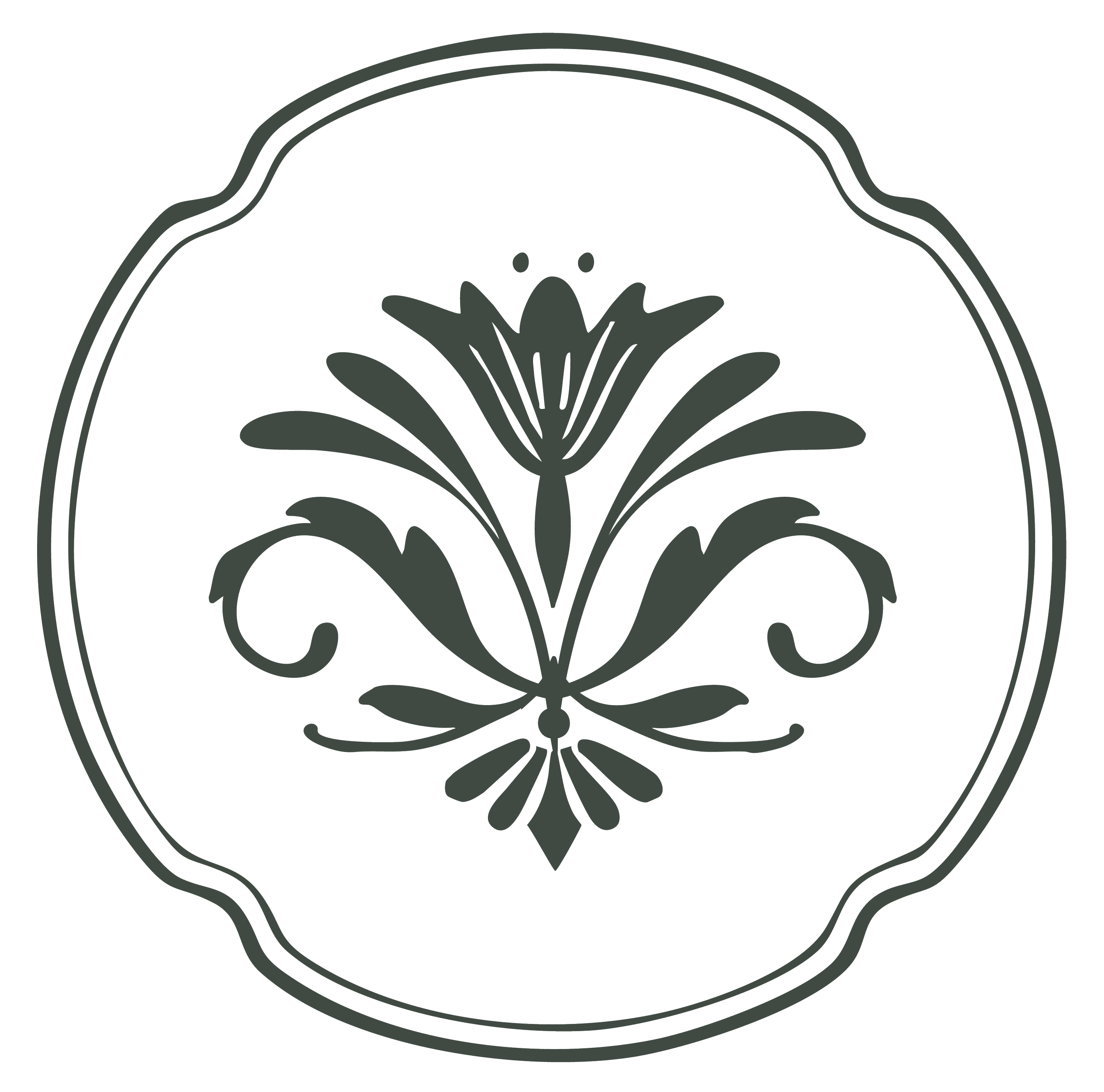A stylized, black and gray floral emblem with symmetrical leaves and a central flower motif, enclosed within a circular border.