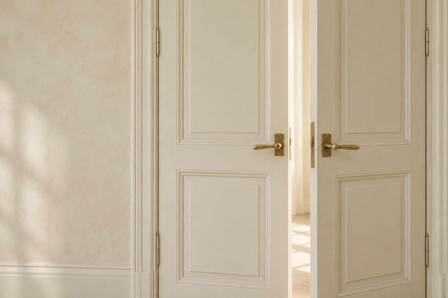 Warm ivory double doors slightly open, with soft light beyond.