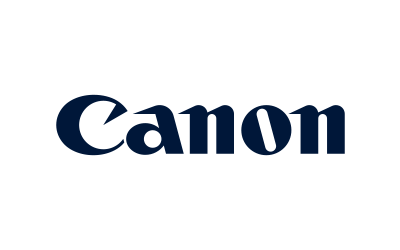 Logo de Canon con texto en azul y fondo blanco.