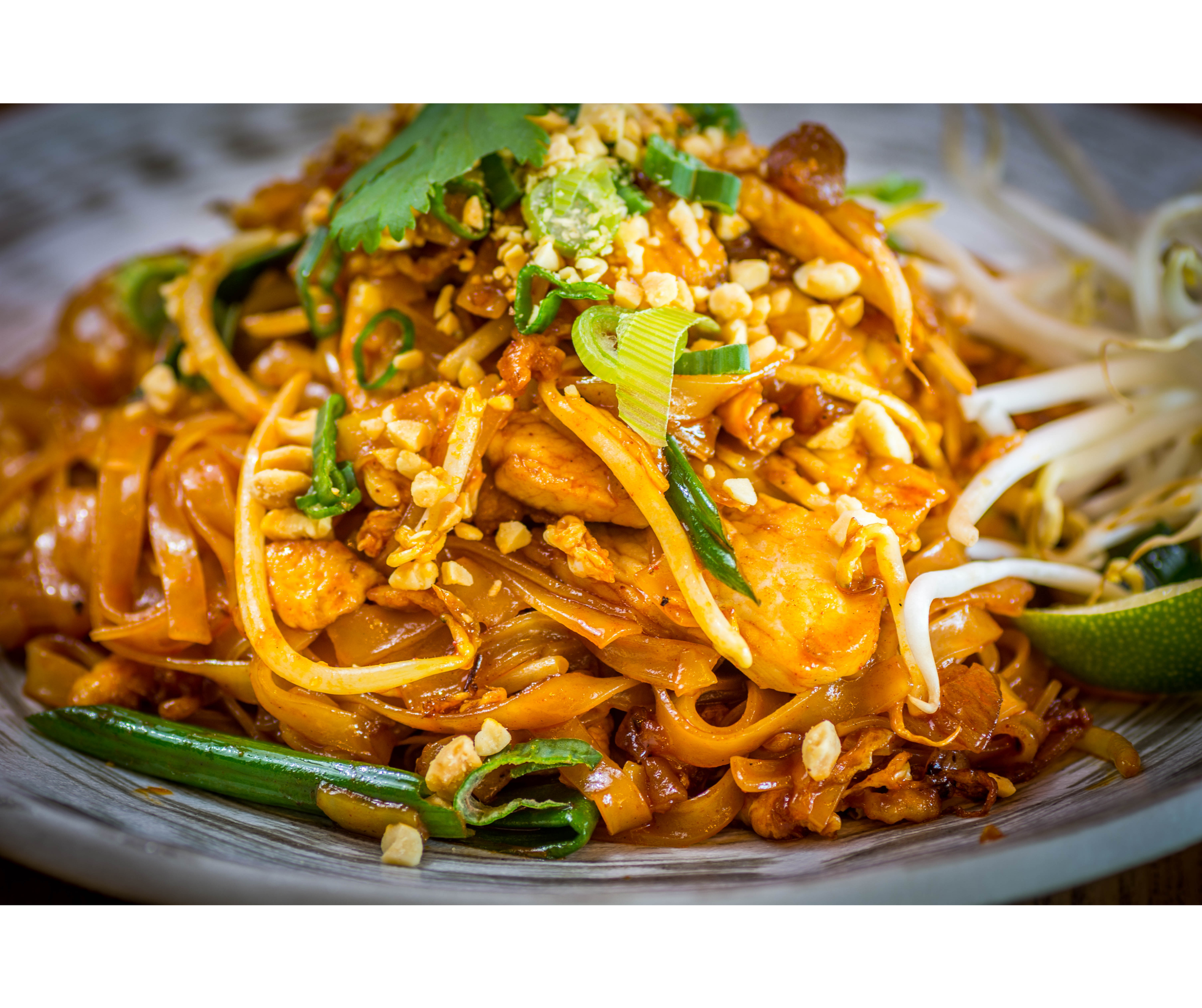 Close-up of a plate of Pad Thai with noodles, chicken, bean sprouts, chopped peanuts, green onions, cilantro, and lime wedge.