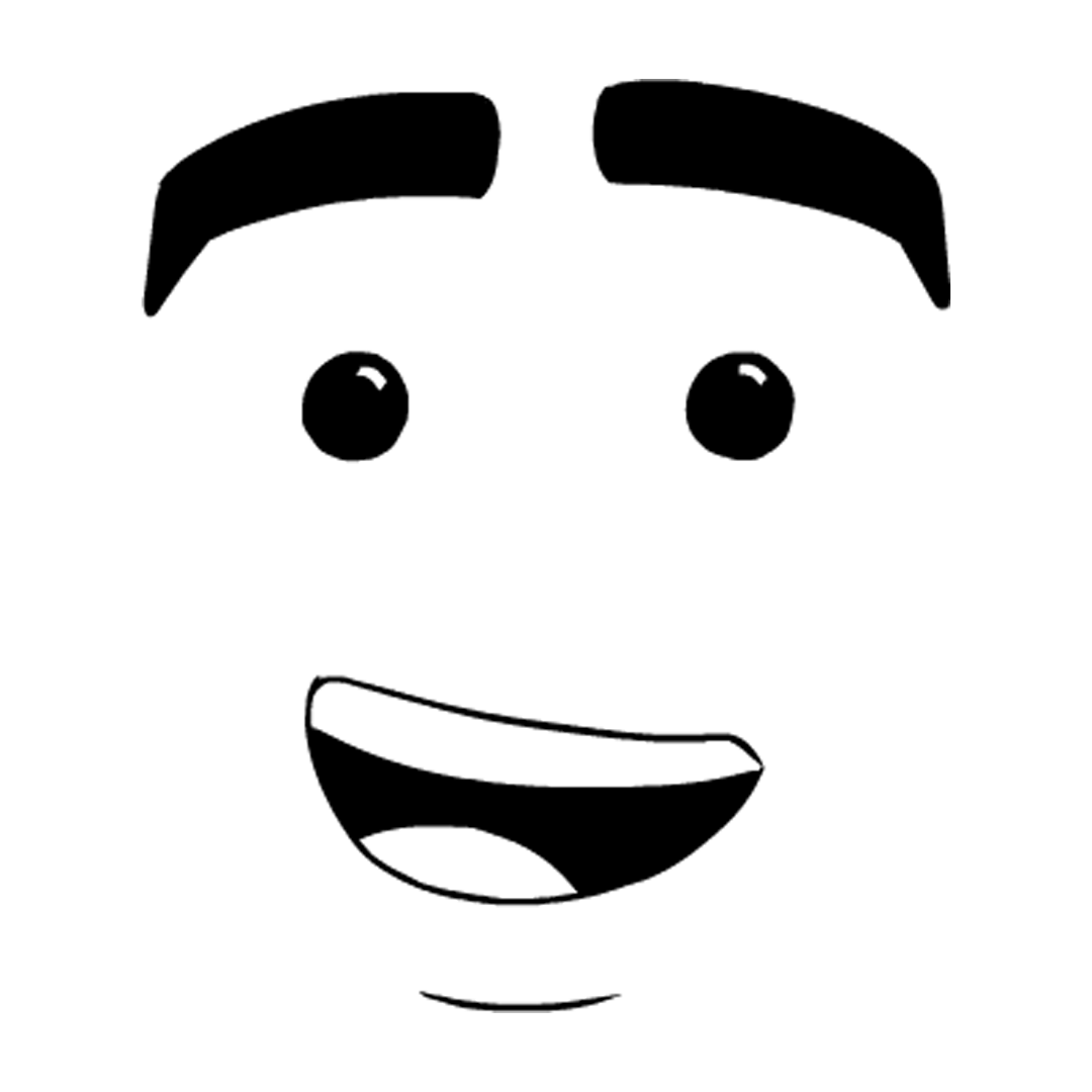 Black and white cartoon face. Eyebrows, eyes, and mouth only with open eyes and a small, curved mouth, giving a smiling expression.