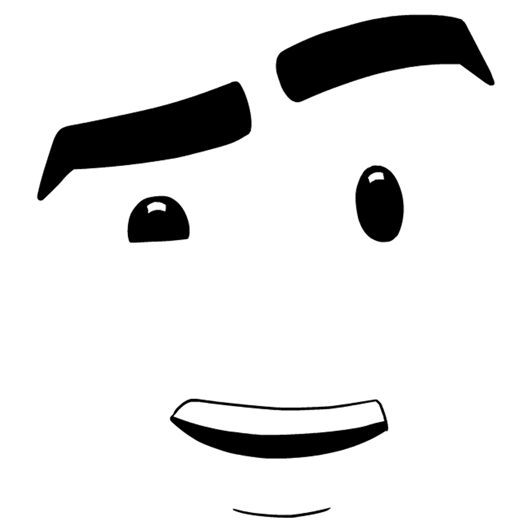 Black and white cartoon face. Eyebrows, eyes, and mouth only with a playful expression, ears perked up, and top row of teeth showing.