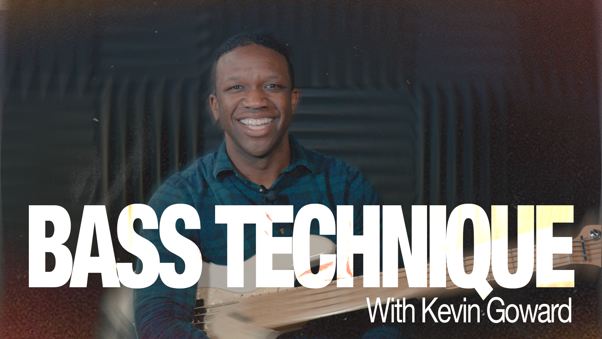 A smiling man holding a bass guitar, with large text overlaying the image that reads 'BASS TECHNIQUE with Kevin Goward'.