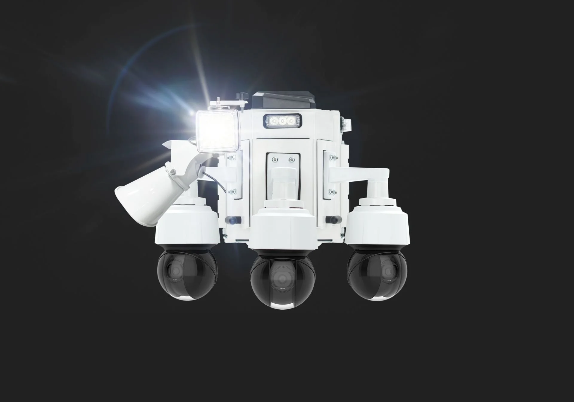 A four-head camera security system, set against a dark background.