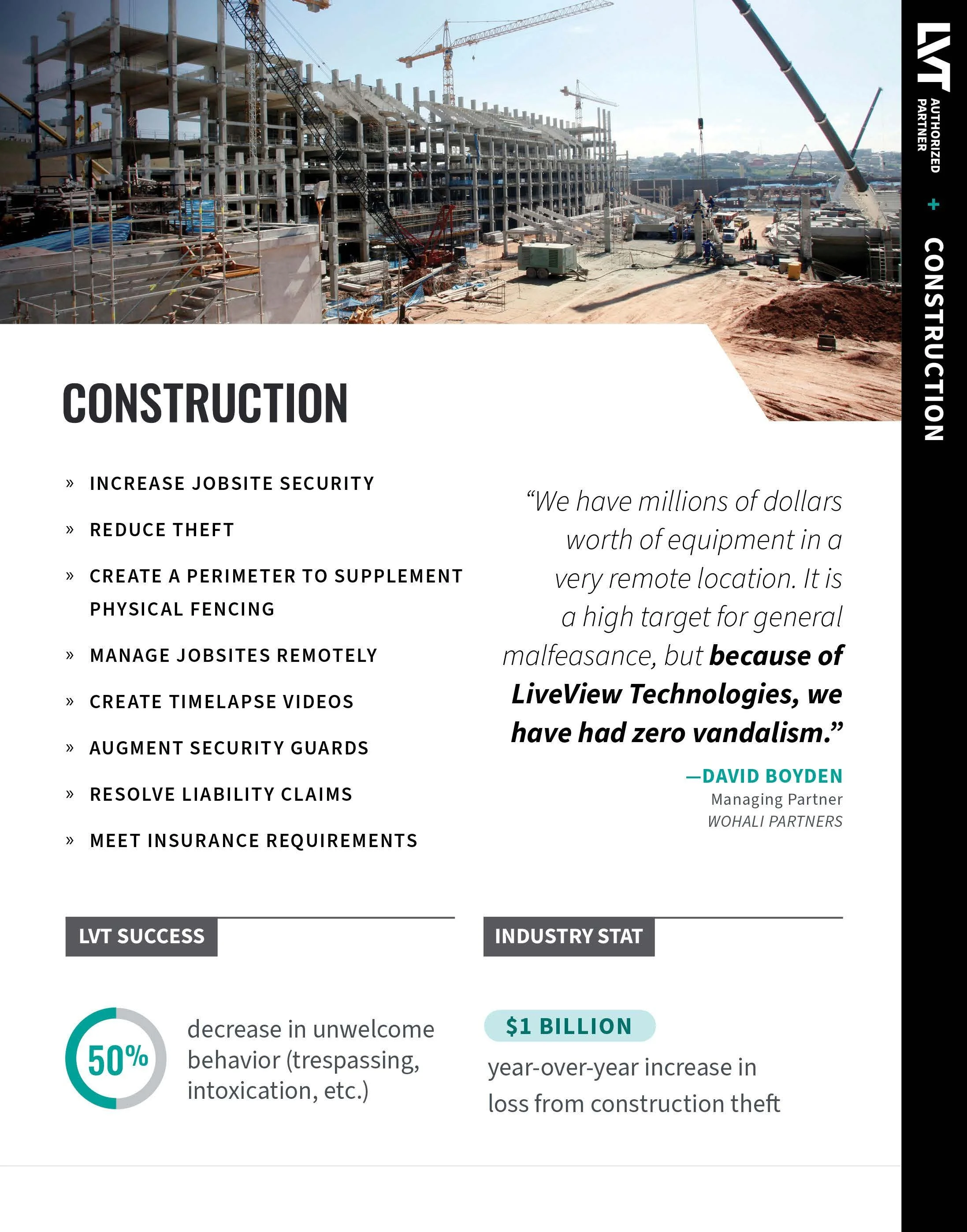Construction site with buildings under construction, cranes, and construction equipment, with overlay text about construction security and industry statistics.