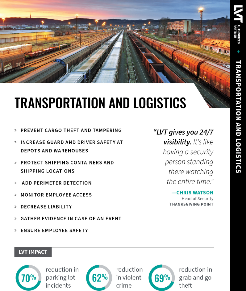 A train yard during sunset with multiple train tracks and freight cars, surrounded by rail infrastructure, city buildings, and hills in the background, with an LVT camera security system usage statement.