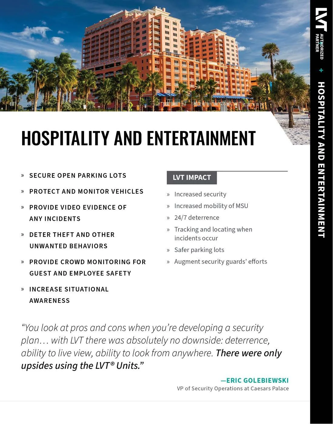 Poster with a large hotel building in the background, tall palm trees, and blue sky, promoting hospitality and entertainment security features.