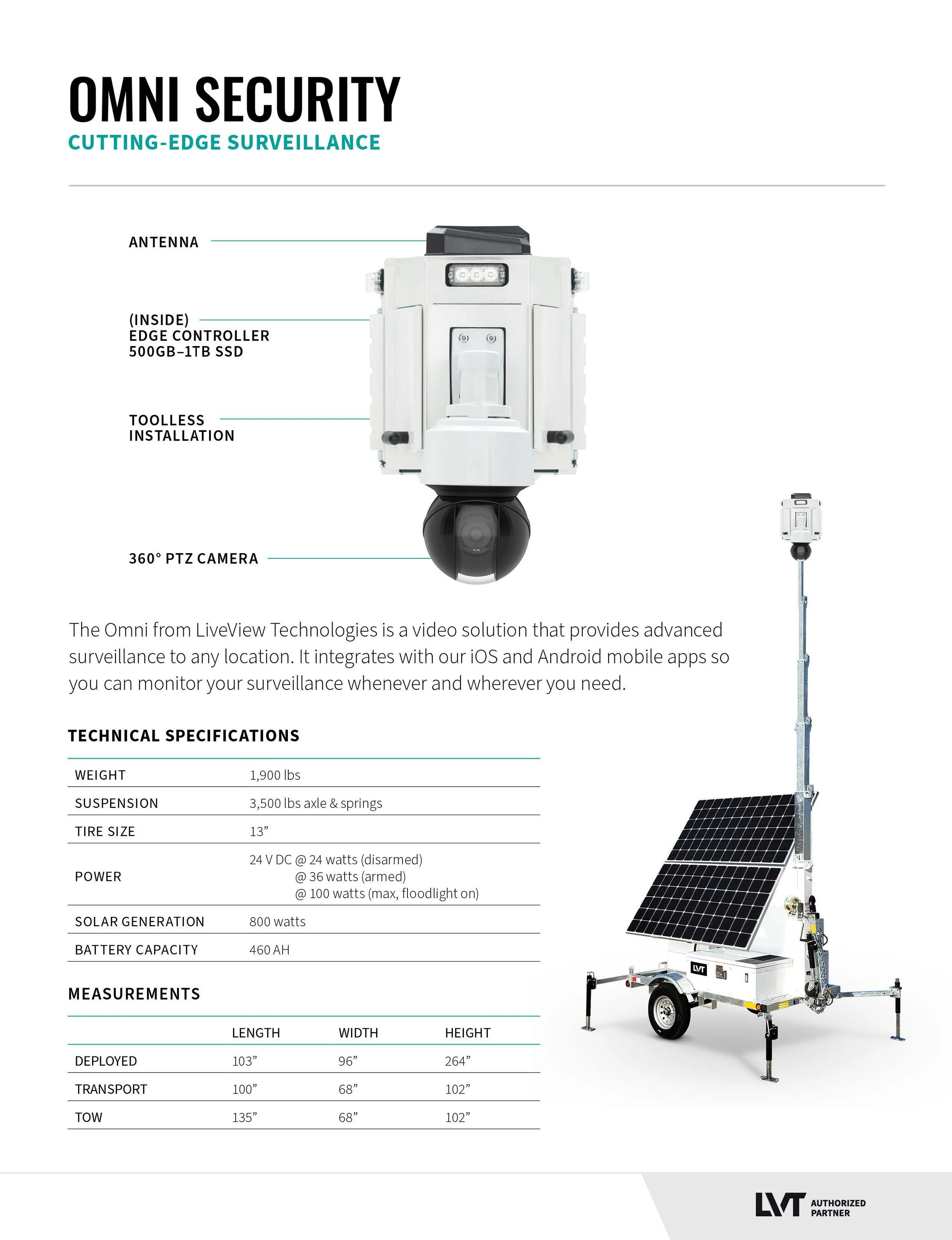 Diagram of Omni Security surveillance system, showing antenna, edge controller, 360-degree PTZ camera, solar panels, and various technical specifications including weight, suspension, tire size, power, solar generation, battery capacity, and measurem