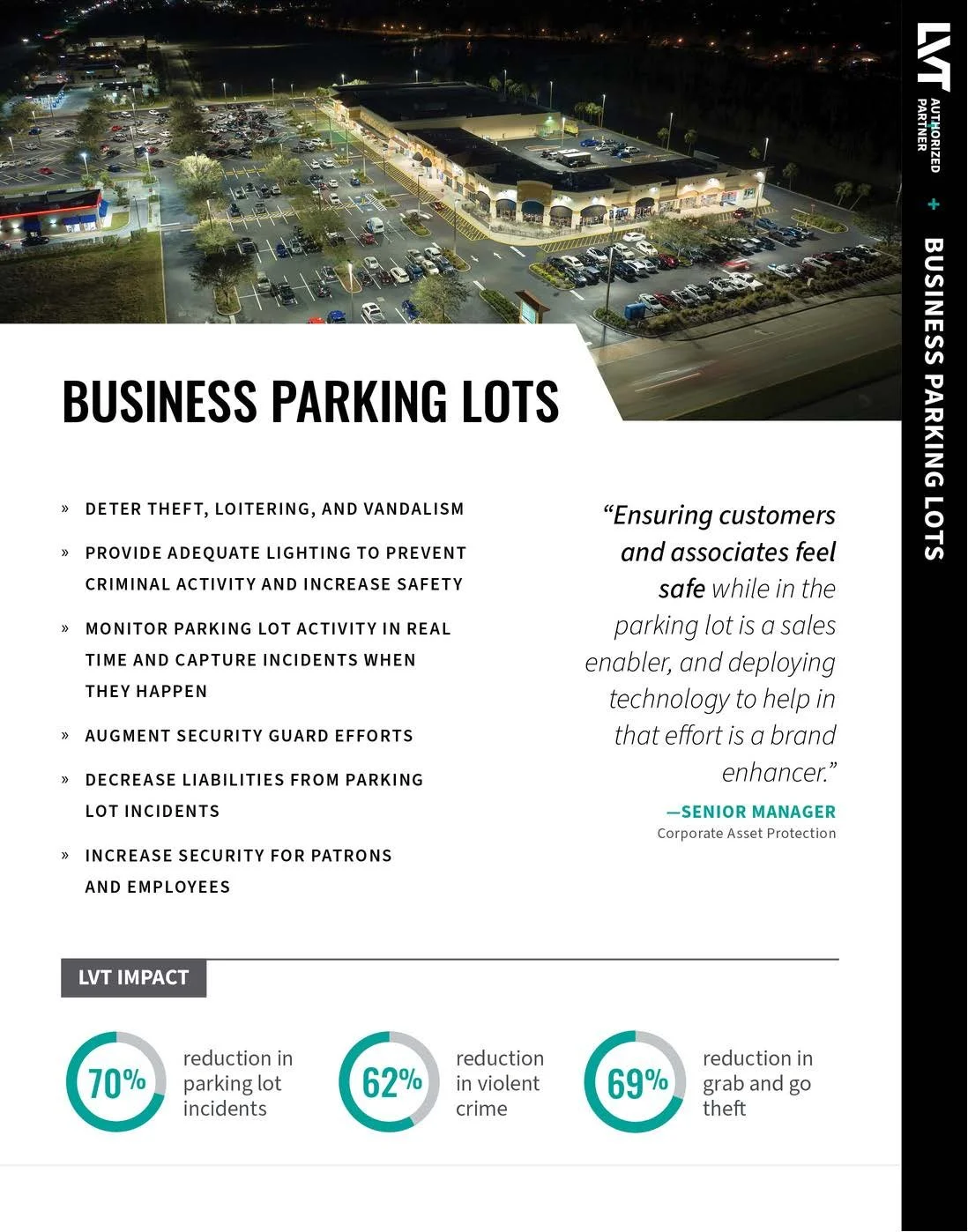 A flyer about business parking lots with an aerial nighttime photo of a parking lot with cars, surrounded by a shopping center and street. The flyer lists benefits like deterring theft, vandalism, and loitering, providing adequate lighting, monitorin
