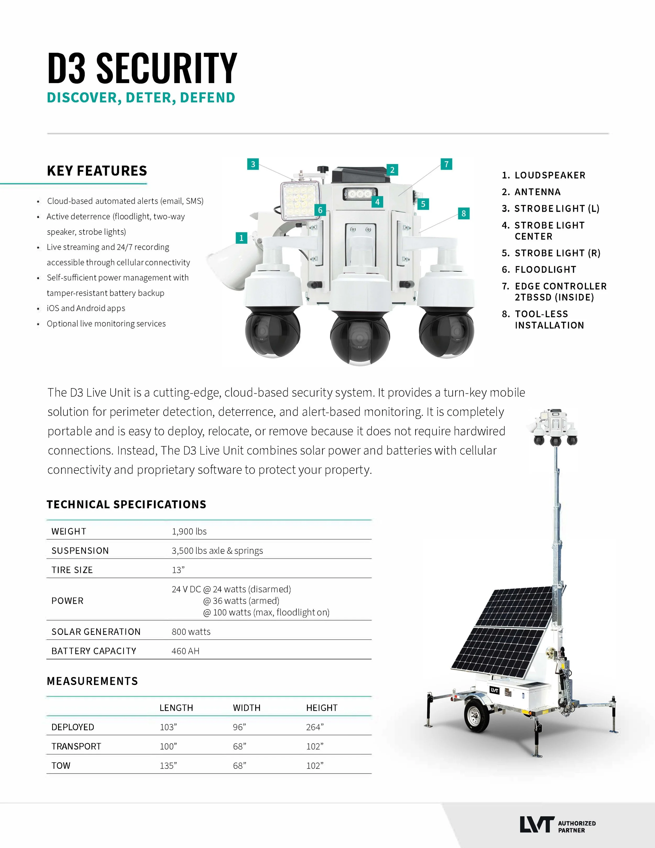 An infographic of the D3 Security mobile security system featuring labeled components, technical specifications, and two images of the device, one close-up and one on a portable stand with solar panels.