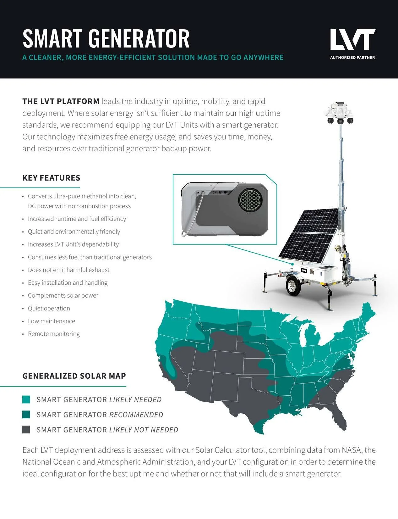 Infographic about LVT smart generator with text describing its features, an image of the generator, and a map of the United States indicating where a smart generator is likely needed, recommended, or not needed.