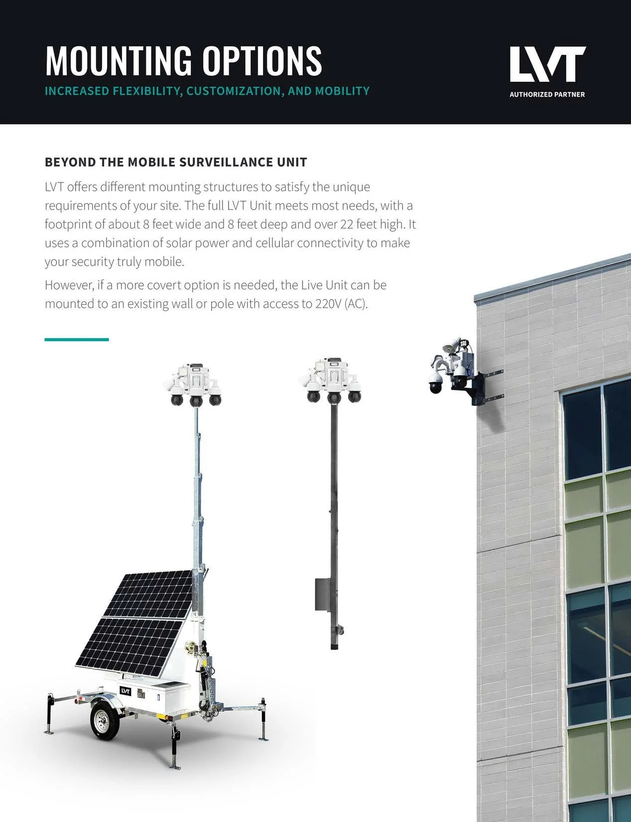Diagram of mobile surveillance camera mounting options, including full LVT unit with solar panels and separate live unit mounted on a wall or pole, beside a building exterior.