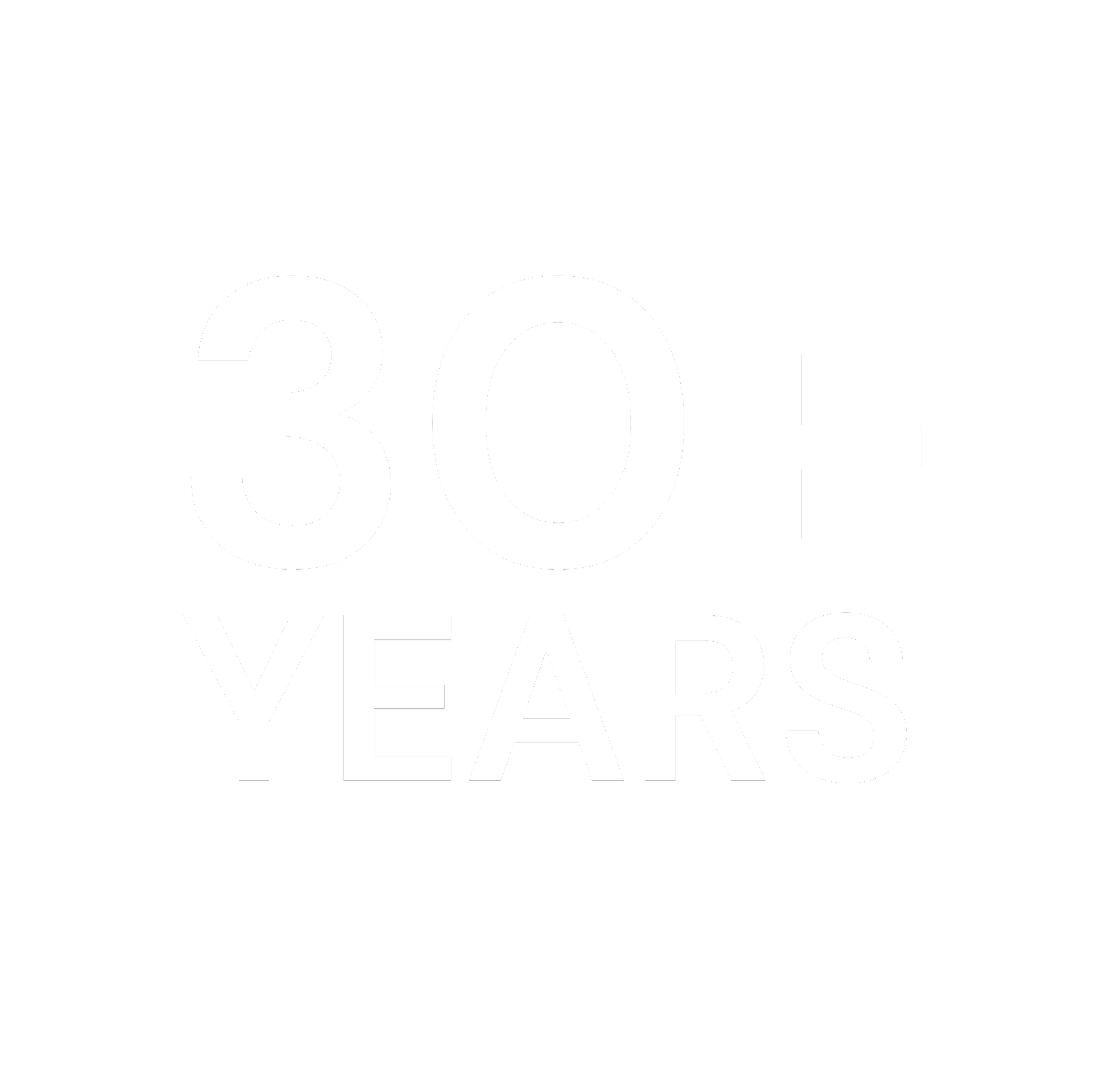 Gray text on black background reading '30+ YEARS'.