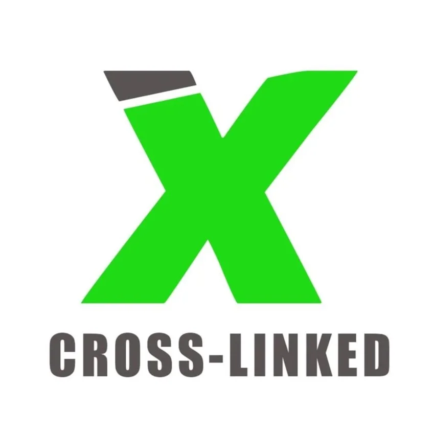 A stylized green letter X with a black and gray element at the top left, and the words "CROSS-LINKED" in bold gray letters below.