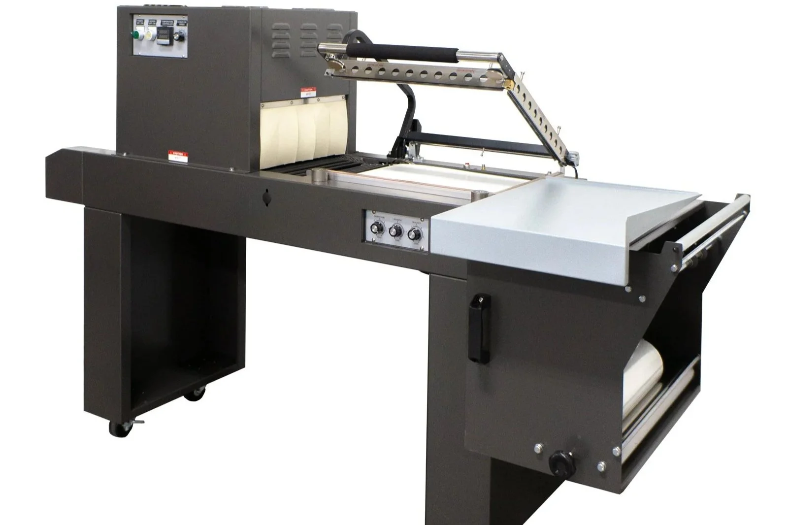 Industrial machine with roll feed and control panel, used for printing or processing material.