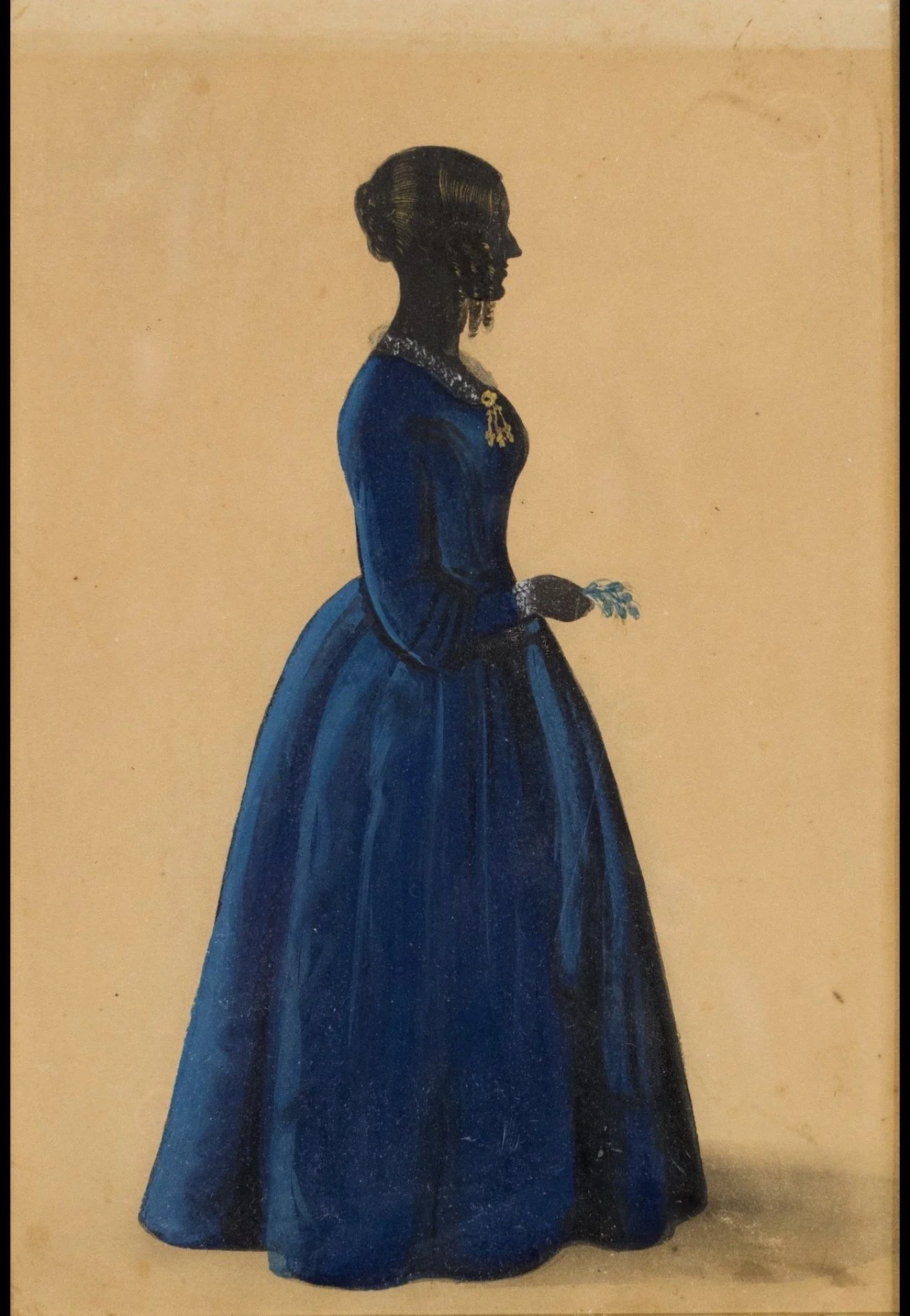 George “Angelo” Crowhurst (1795–1839) Attrib. Full-Length Profile Portrait of a Lady in a Blue Dress Holding Flowers.