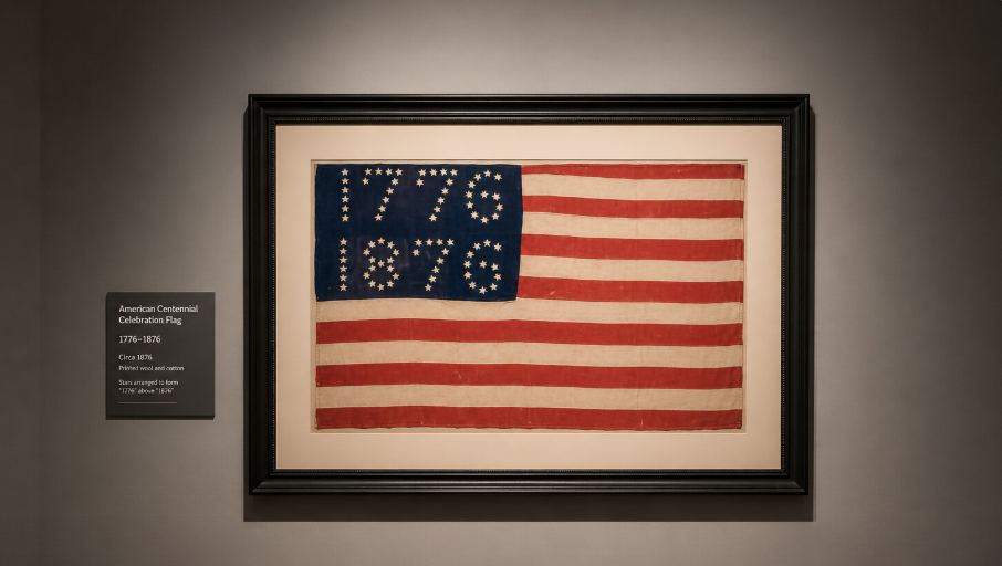 American Centennial Celebration Flag Stars Forming “1776–1876” Printed wool-and-cotton textile Stars arranged numerically to form “1776 / 1876” within the canton Thirteen red and white stripes