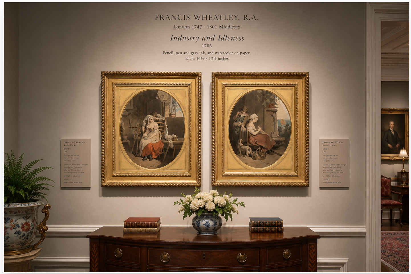 Francis Wheatley, R.A. Industry and Idleness, 1786  Pencil, pen and gray ink, and watercolor on paper Each 16⅜ × 13¼ inches (41.3 × 33.7 cm) Oval compositions; a pair