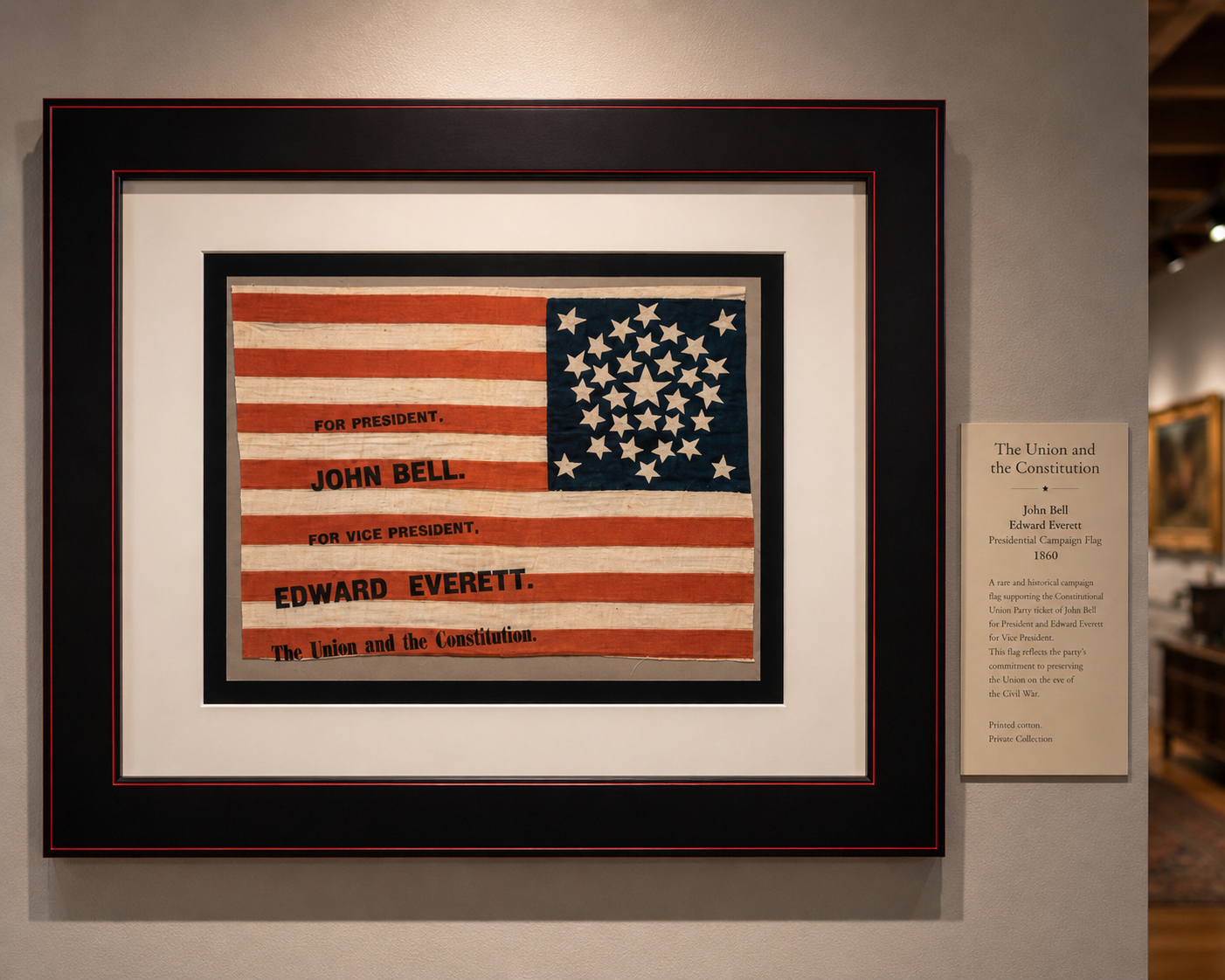 31 STAR PARADE FLAG, MADE FOR THE 1860 CAMPAIGN OF JOHN BELL & EDWARD EVERETT, WITH A “UNION AND THE CONSTITUTION” SLOGAN, PROBABLY MADE BY H.C. HOWARD OF PHILADELPHIA
