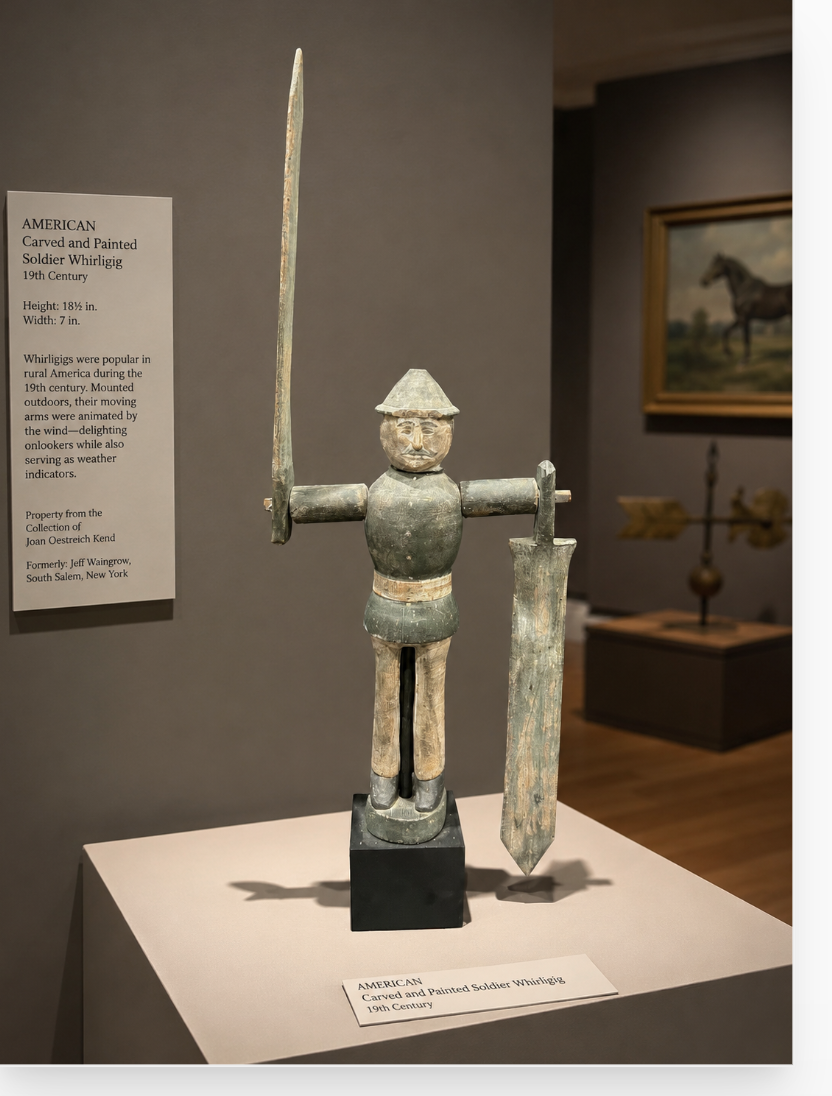 American Carved and Painted Soldier Whirligig, 19th Century. property from the Collection of Joan Oestreich Kend.