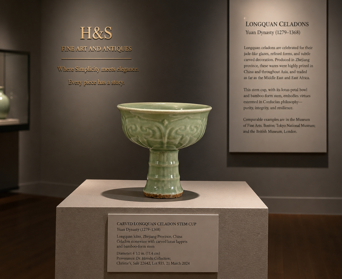 Carved Longquan Celadon Stemp Cup, Yuan Dynasty (1279-1368)