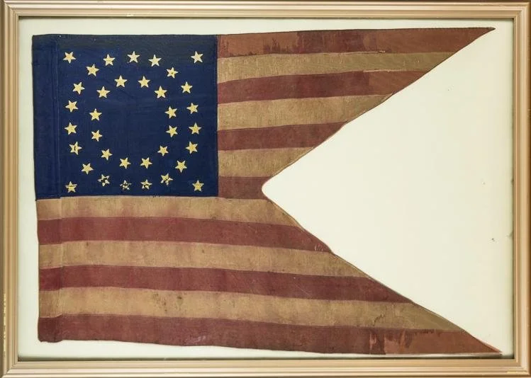 35-STAR CIVIL WAR GUIDON United States, 1863-1865 silk, hand-sewn, 39"x 25 ½ in. Provenance Massachusetts Museum; Amoskeag Auction Of New Hampshire 2004;  The Union Drummer Boy of Gettysburg.