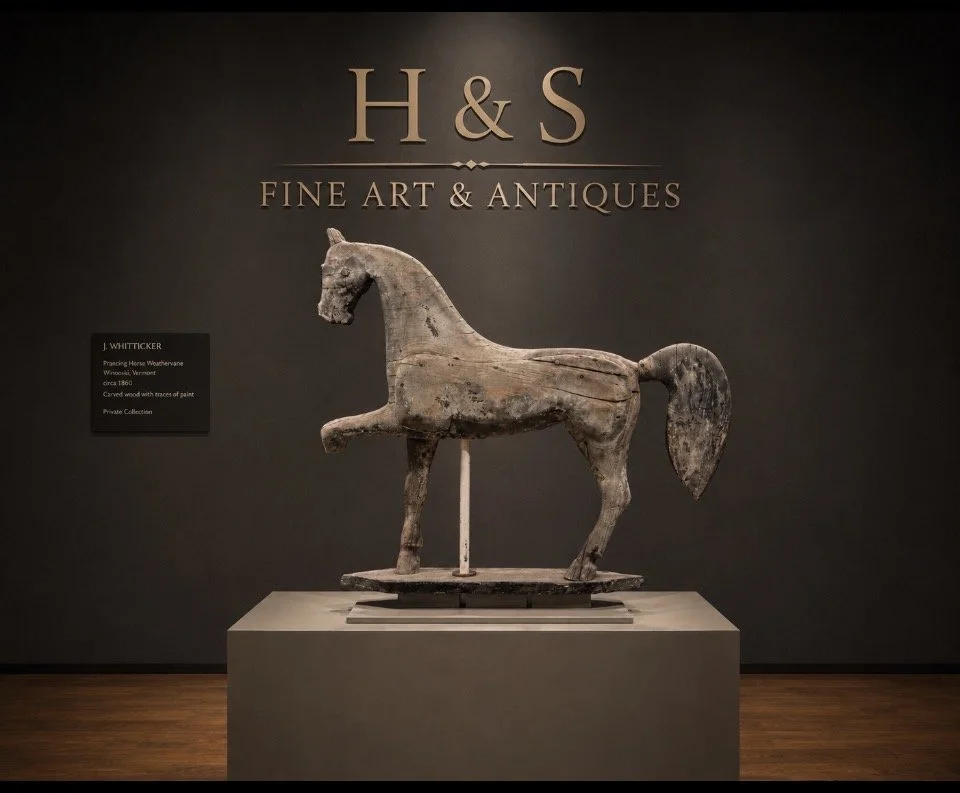 Prancing Horse Attributed to J. Whitticker, Carved wood weathervane circa 1860, height 29 in. by length 33 in.