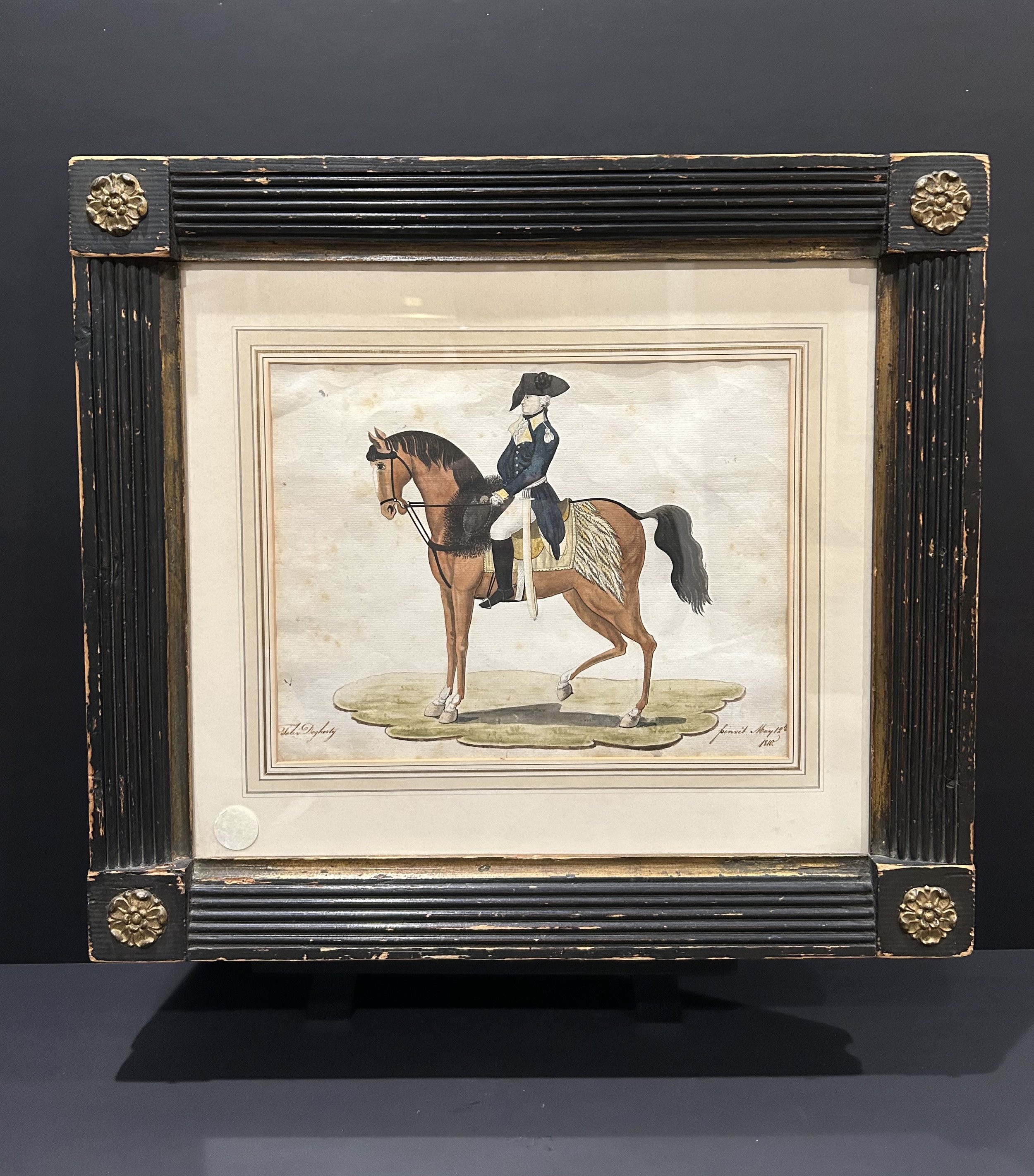 Felix Degherty, 19th century. A Watercolor, Pen and Ink Drawing of George Washington on Horseback.