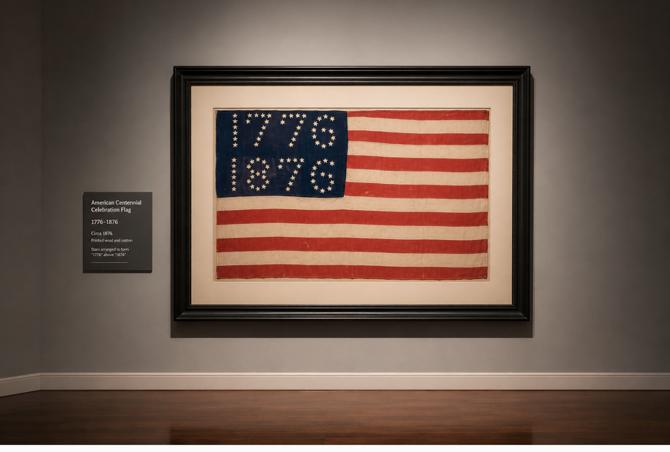 American Centennial Celebration Flag Stars Forming “1776–1876” Printed wool-and-cotton textile Stars arranged numerically to form “1776 / 1876” within the canton Thirteen red and white stripes