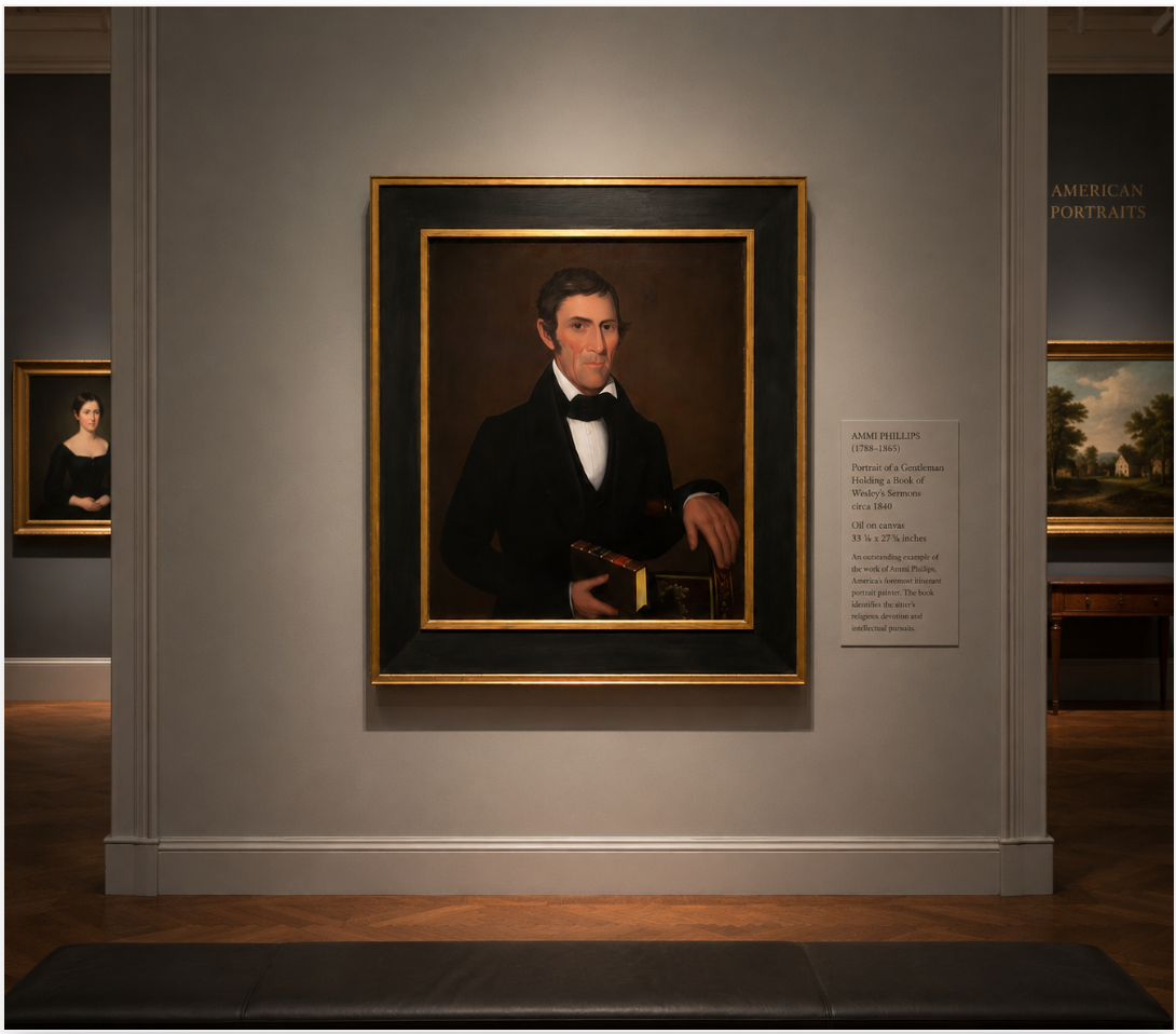 AMMI PHILLIPS (1788-1865) attrib. Portrait of A Gentleman holding a book of Wesley's Sermons