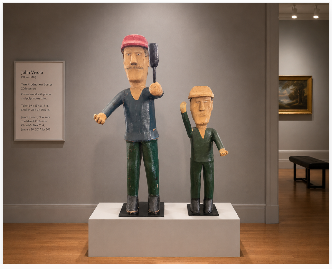 John Vivolo (American, 1886–1987) Two Production Bosses 20th century Carved wood with plaster and polychrome paint
