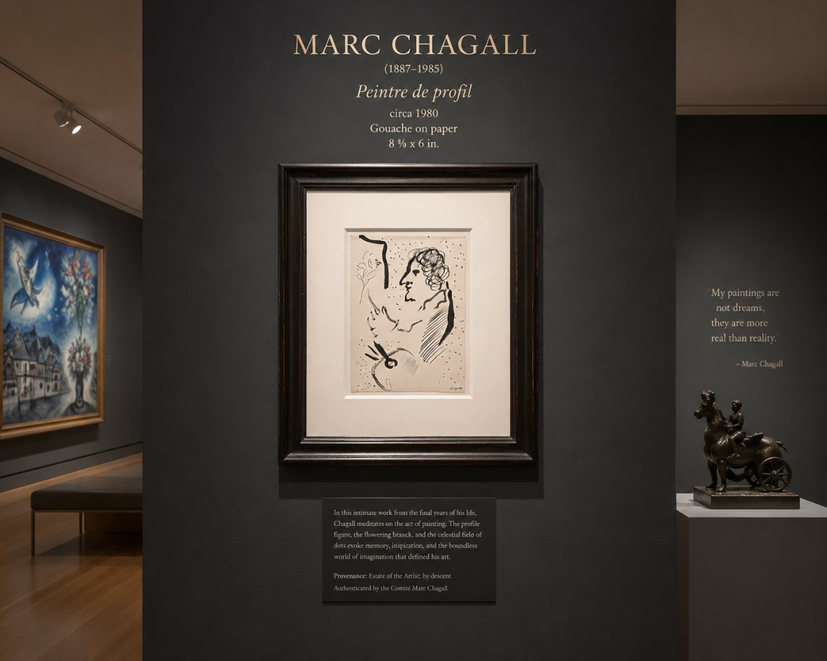 Marc Chagall (1887-1985), Peintre de profil. The signature 'Chagall' (lower right) Gouache on paper. Formerly from the Artist's Estate.
