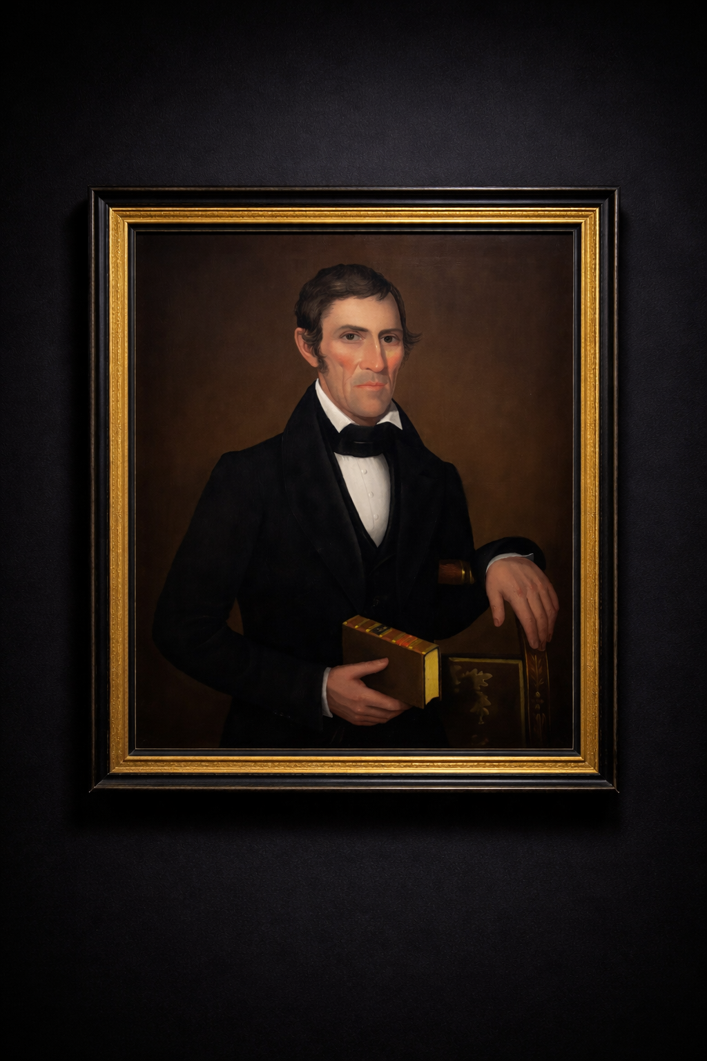 AMMI PHILLIPS (1788-1865) attrib. Portrait of A Gentleman holding a book of Wesley's Sermons