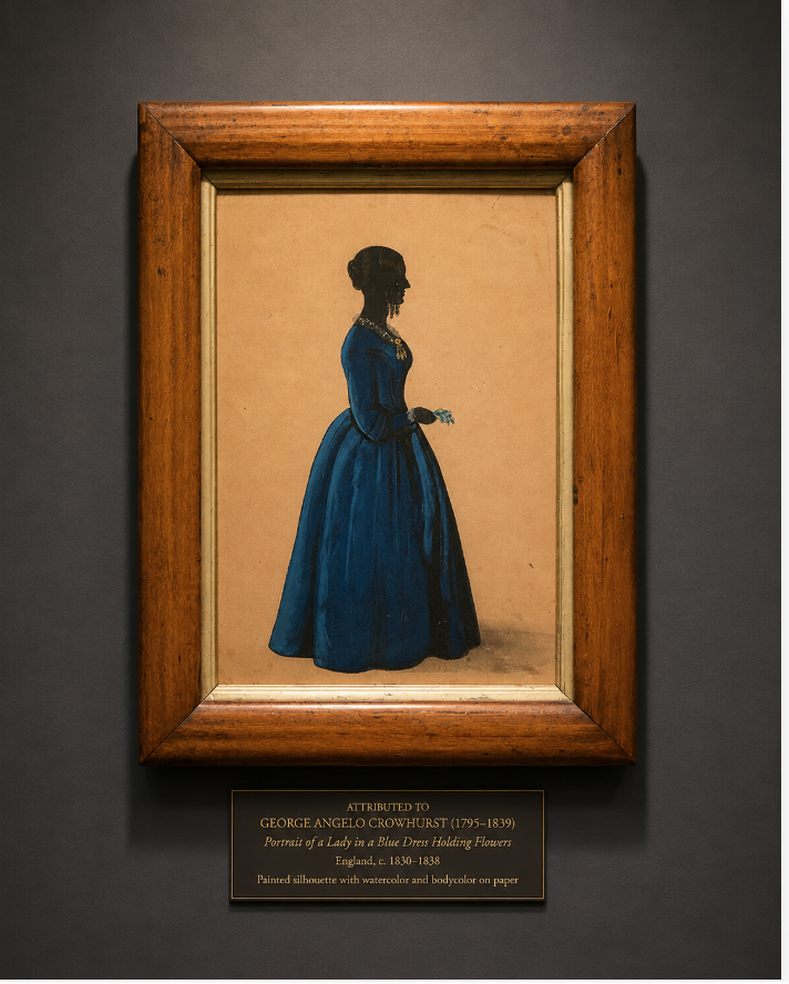 George “Angelo” Crowhurst (1795–1839) Attrib. Full-Length Profile Portrait of a Lady in a Blue Dress Holding Flowers.