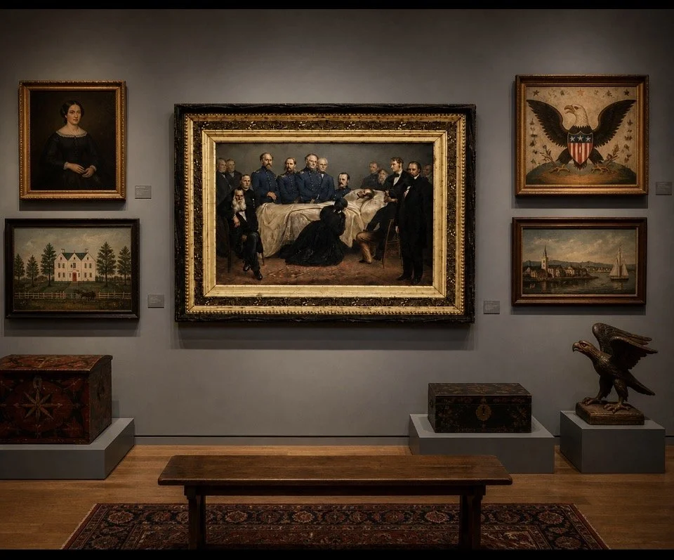 A museum wall displaying five paintings, including a large central historical scene, of The Last Hour of Abraham Lincoln. A. Kromer 1867.