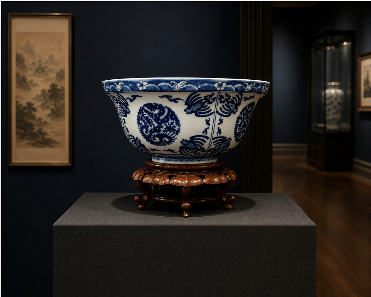 A Large blue and white Phoenix rounded bowl, Qing Dynasty, Kangxi period.