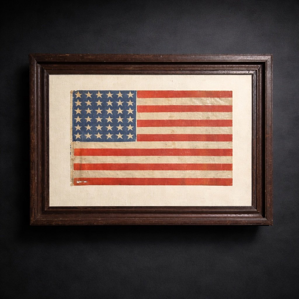 36 Star, Civil War Era Parade Flag, 1864-1867. Nevada Statehood. Height 11 ¼ in. Width 18 ¼ in.